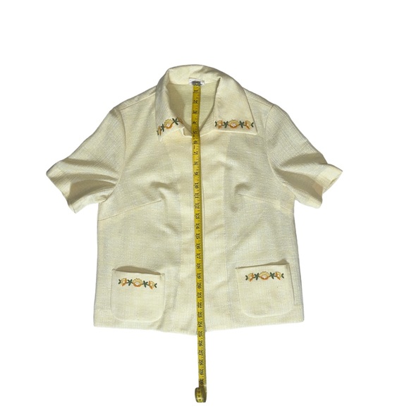 80s Amy Adams Vintage Floral embroidered Pastel Yellow Blouse Double Pocket - Picture 2 of 4